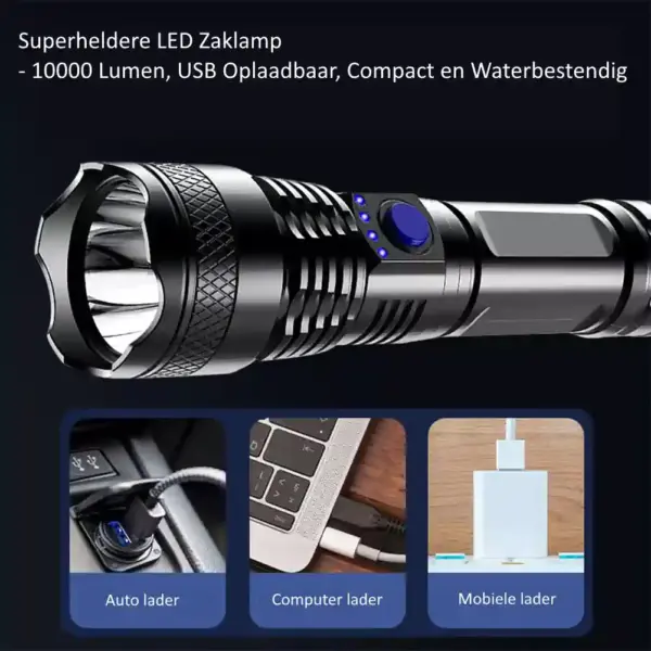 Superheldere LED Zaklamp - 10000 Lumen, USB Oplaadbaar, Compact en Waterbestendig